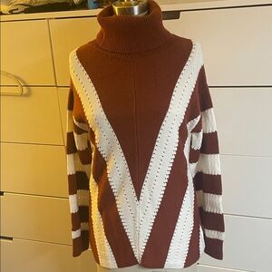 Women's Brown and White Turtleneck Sweater